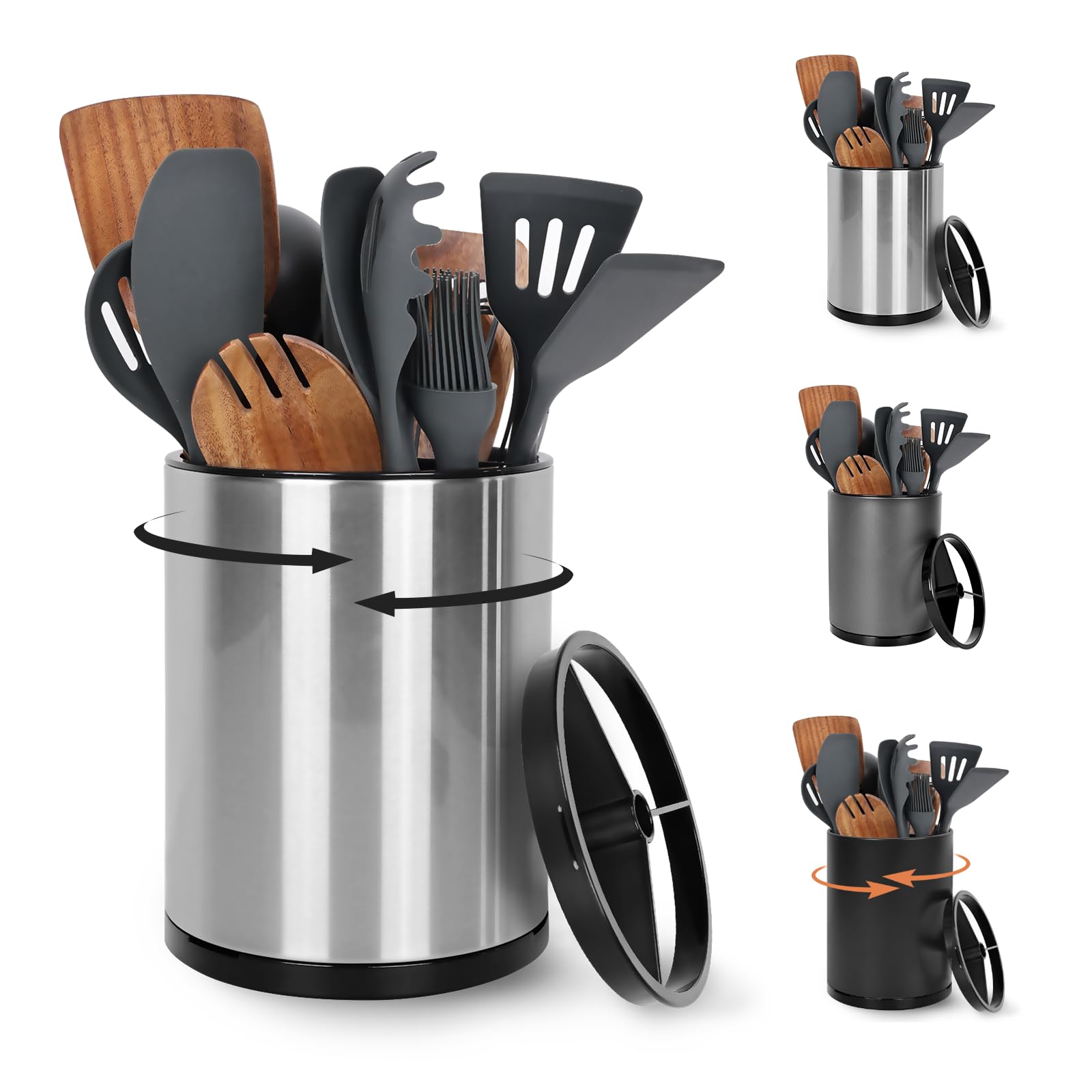 Extra Large Kitchen Utensil Holder, 360° Rotating Stainless Steel Cooking Utensil Holder for Countertop, 3 Compartment Flatware Organizer & Cooking Caddy with Removable Base（Silvery）