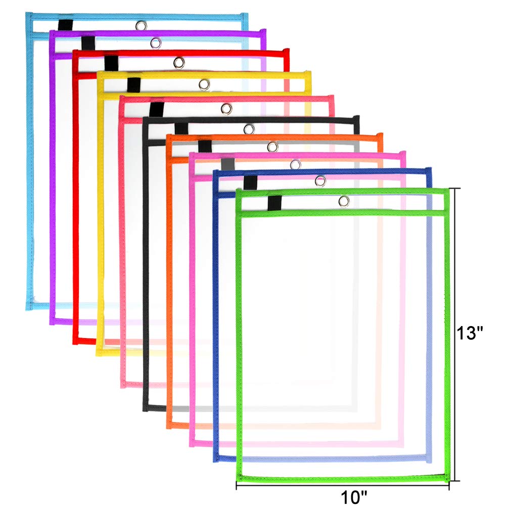 Dry Erase Pockets Sheet Protectors 30 Pack Reusable Oversized 10" x 13" Clear Durable Plastic Sleeves with 12 Pens, 4 Erasers and 2 Rings for Classroom Organization, Teacher and School Supplies