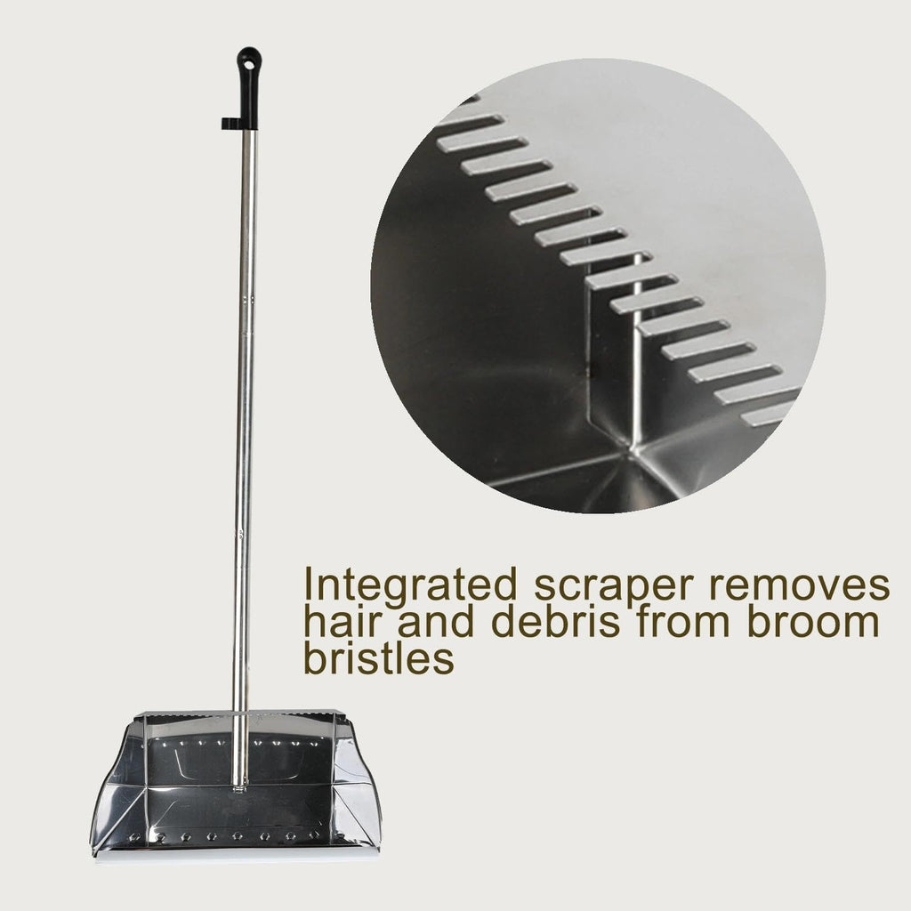 Metal Dustpan Long Handle Stainless Steel Dustpan,Heavy Duty Dust Pan with Teeth,Indoor Outdoor Standing Up Dust Pan for Home Kitchen Lobby Room Office