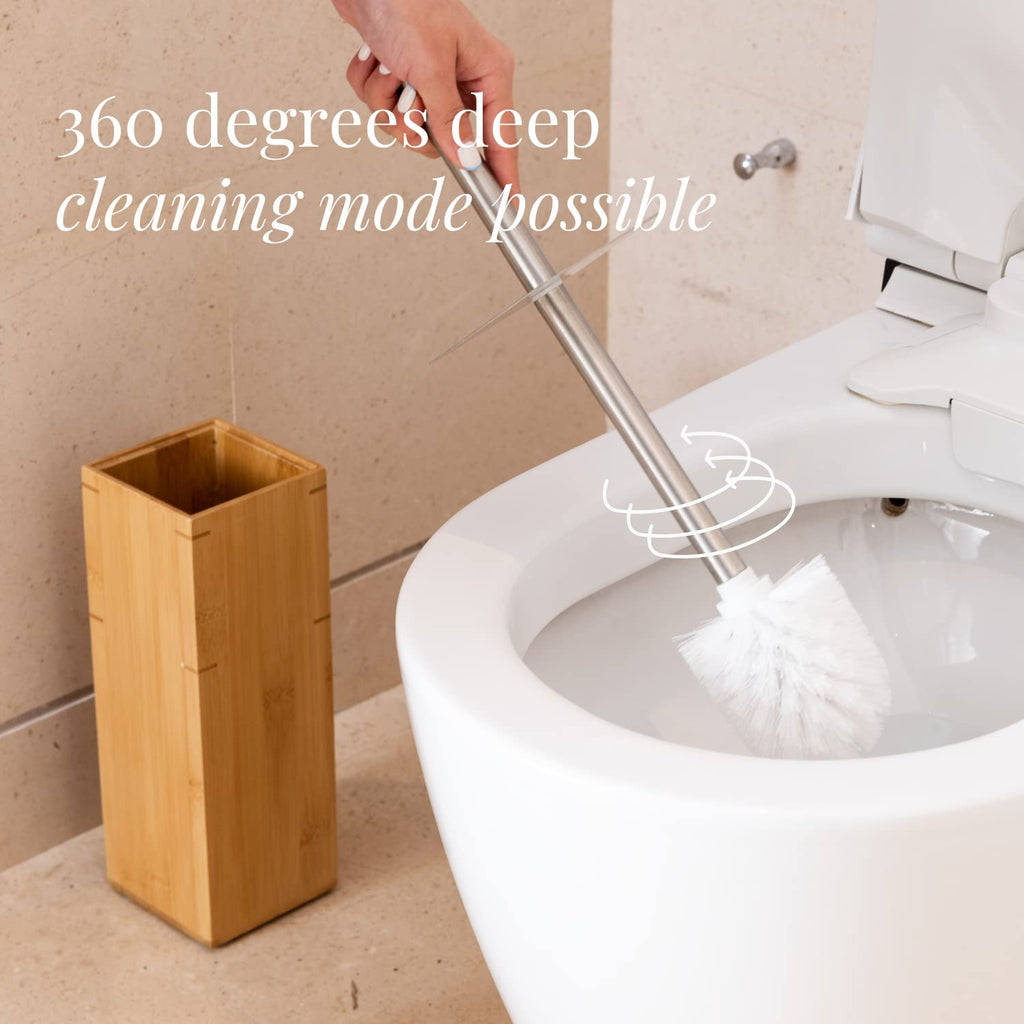 GOBAM Bamboo Toilet Brush and Holder for All Toilet Types - Stainless Steel Handle and Lid - Water Resistant - Toilet Brush Set - Bathroom Cleaning Supplies - Natural
