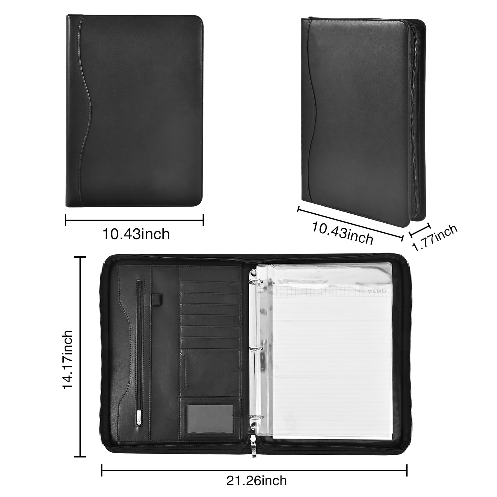 Deziliao 3-Ring Padfolio Portfolio Binder Organizer, Document Organizer Folio, 10.4 Inch PU Leather Business Portfolio with Zipper, Business Planner Notebook Organizer for Women/Men（Black） D00070