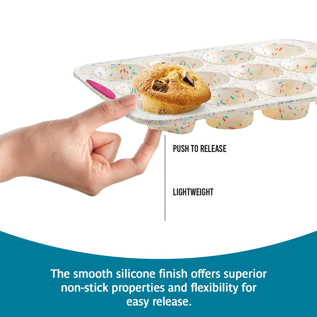 Trudeau Structured Silicone Cupcake and Muffin Pan with Integrated Steel Structure, 12 Cup, Confetti/Fuschia