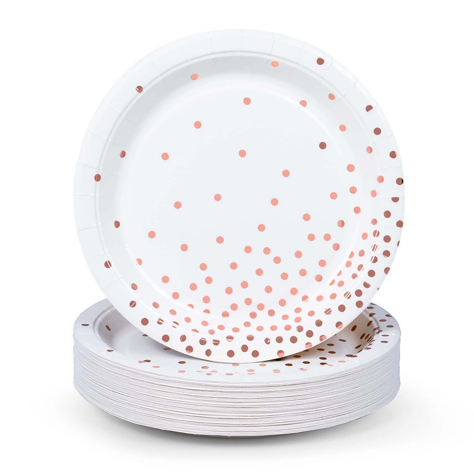 MATICAN 50-Pack Disposable Paper Plates - Elegant White & Rose Gold Foil Polka Dots, 9-Inch