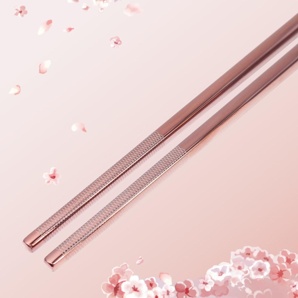 Chopsticks Reusable 18/8 Stainless Steel Chopsticks Pink Sakura Laser Engraved Metal Chop Sticks Non-Slip Dishwasher Safe Japanese Korean Chopstick for Cooking Eating 5 Pairs Premium Gift Set