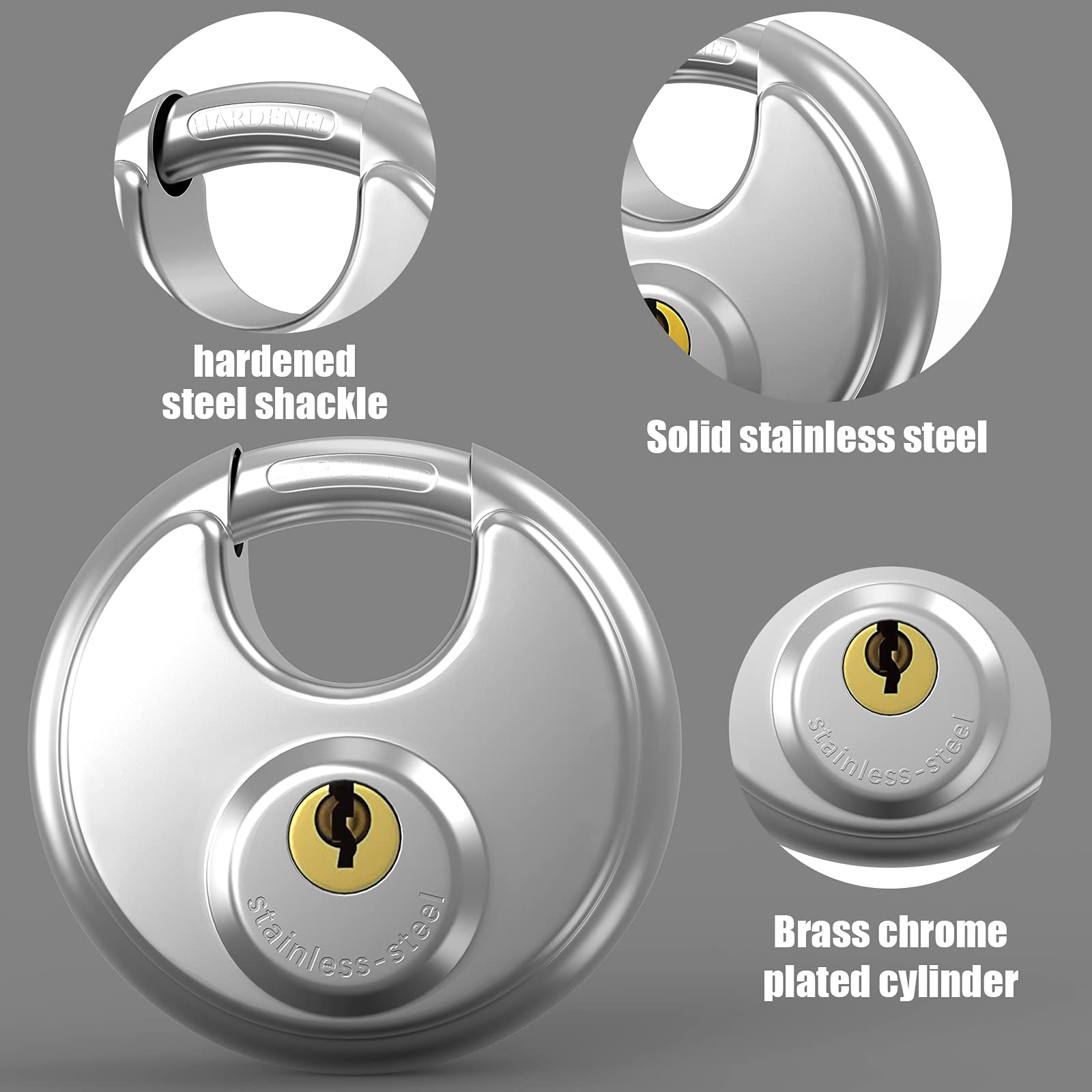 Keyed Padlock, [2 Pack][Waterproof] [Anticut] Diyife 70mm Stainless Steel Disc Lock Heavy Duty Padlock Outdoor Weatherproof with 9.5mm Shackle for Warehouse, Garage, Gate, Shed, Fence, Door (4 Keys)