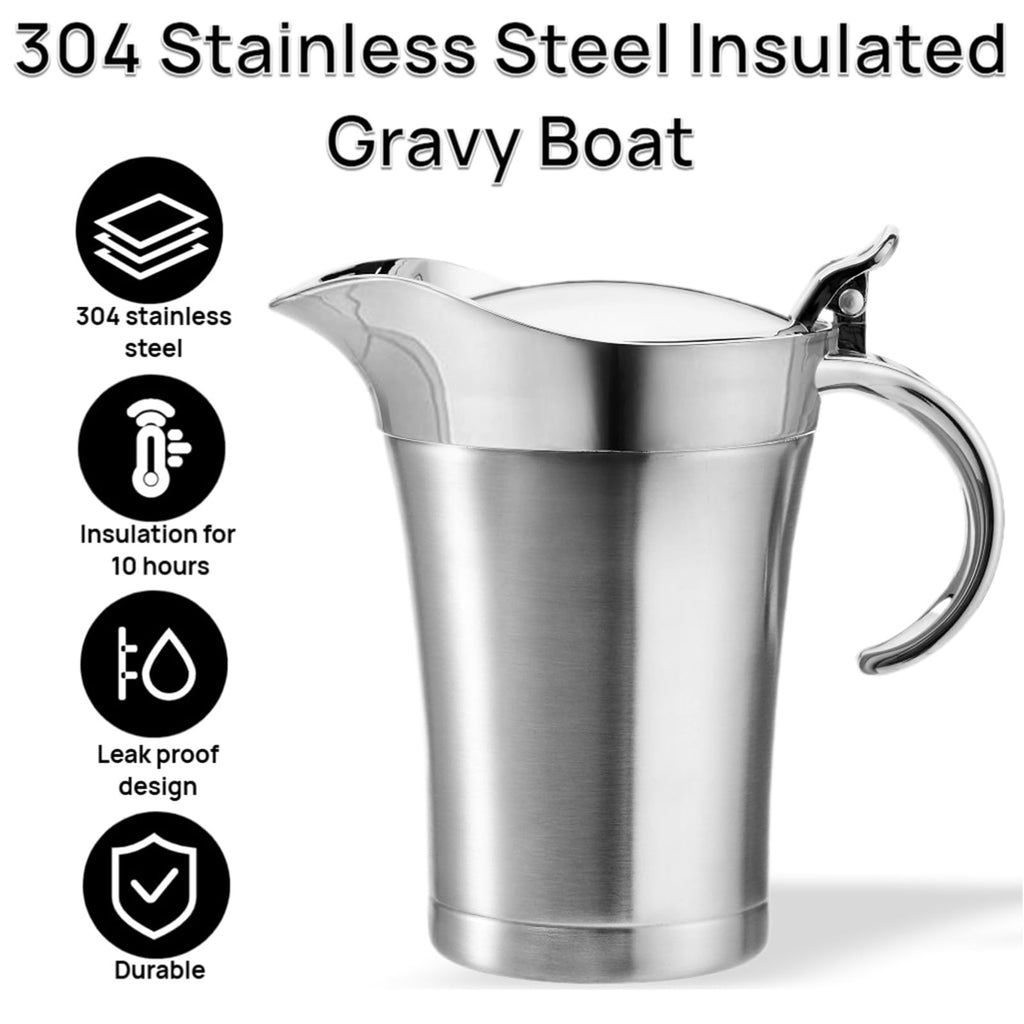 Peohud Double Insulated Gravy Boat with Lid, 700ml Stainless Steel Gravy Jug with Hinged Lid, Gravy Warmer Pitcher for Home, Easy Clean Serving Jug for Custard and Cream