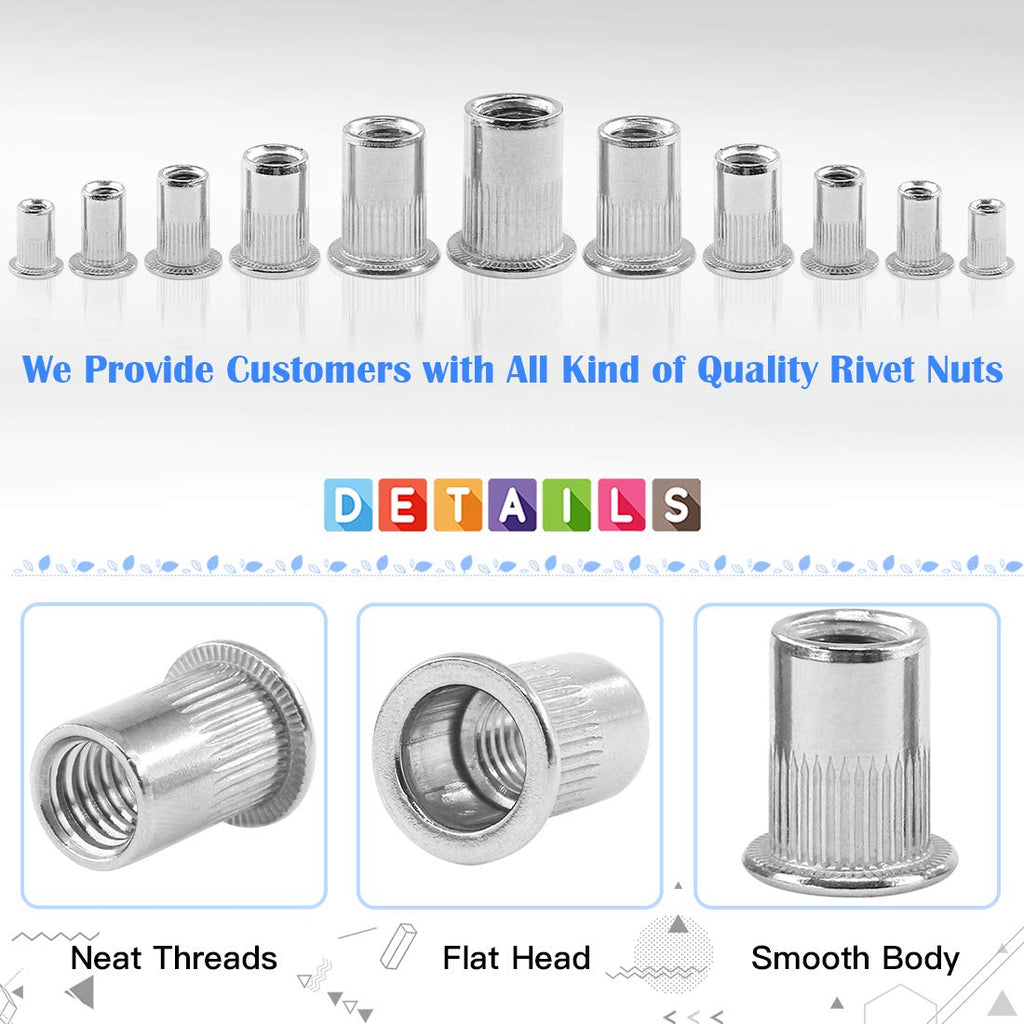 Glarks 180Pcs 304 Stainless Steel Flat Head Threaded Rivetnut Insert Nutsert Rivet Nut Assortment Kit - M3 M4 M5 M6 M8 M10