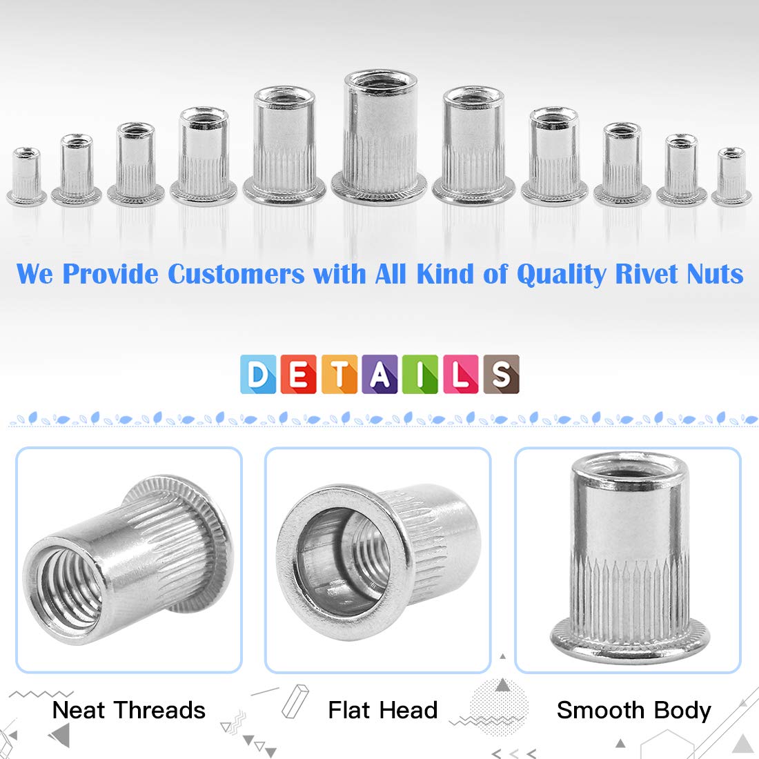 Glarks 180Pcs 304 Stainless Steel Flat Head Threaded Rivetnut Insert Nutsert Rivet Nut Assortment Kit - M3 M4 M5 M6 M8 M10