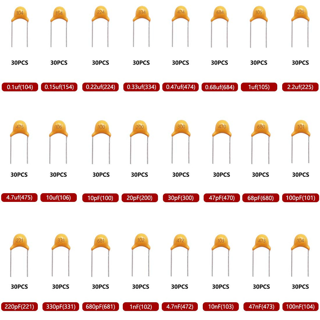 Tnisesm 720 Pcs 24Value Ceramic Capacitor Assortment Kit 0.1uF-100nF DIP Monolithic Multilayer Chip Capacitors in a Box Tn-19