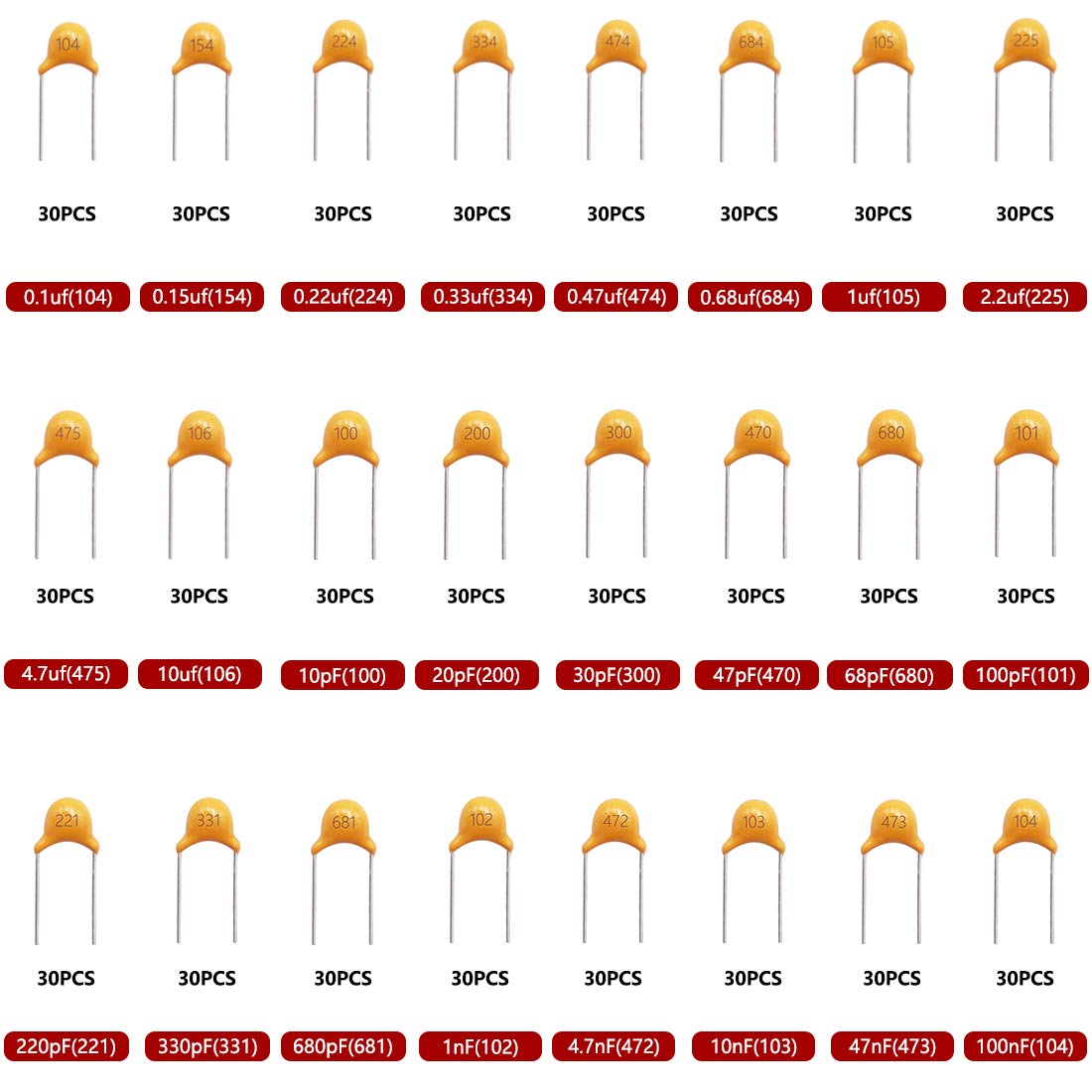 Tnisesm 720 Pcs 24Value Ceramic Capacitor Assortment Kit 0.1uF-100nF DIP Monolithic Multilayer Chip Capacitors in a Box Tn-19