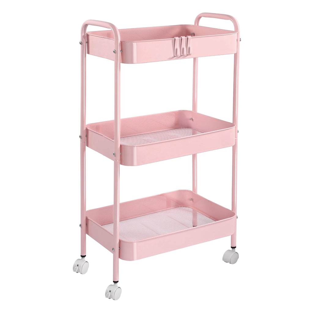 3 Tier Metal Rolling Cart with Wheels, Utility Storage Cart with Handle and Lockable Casters, Storage Basket Organizer Shelves, Easy Assemble for Kitchen, Living Room, Office, Nursery, White (Pink)