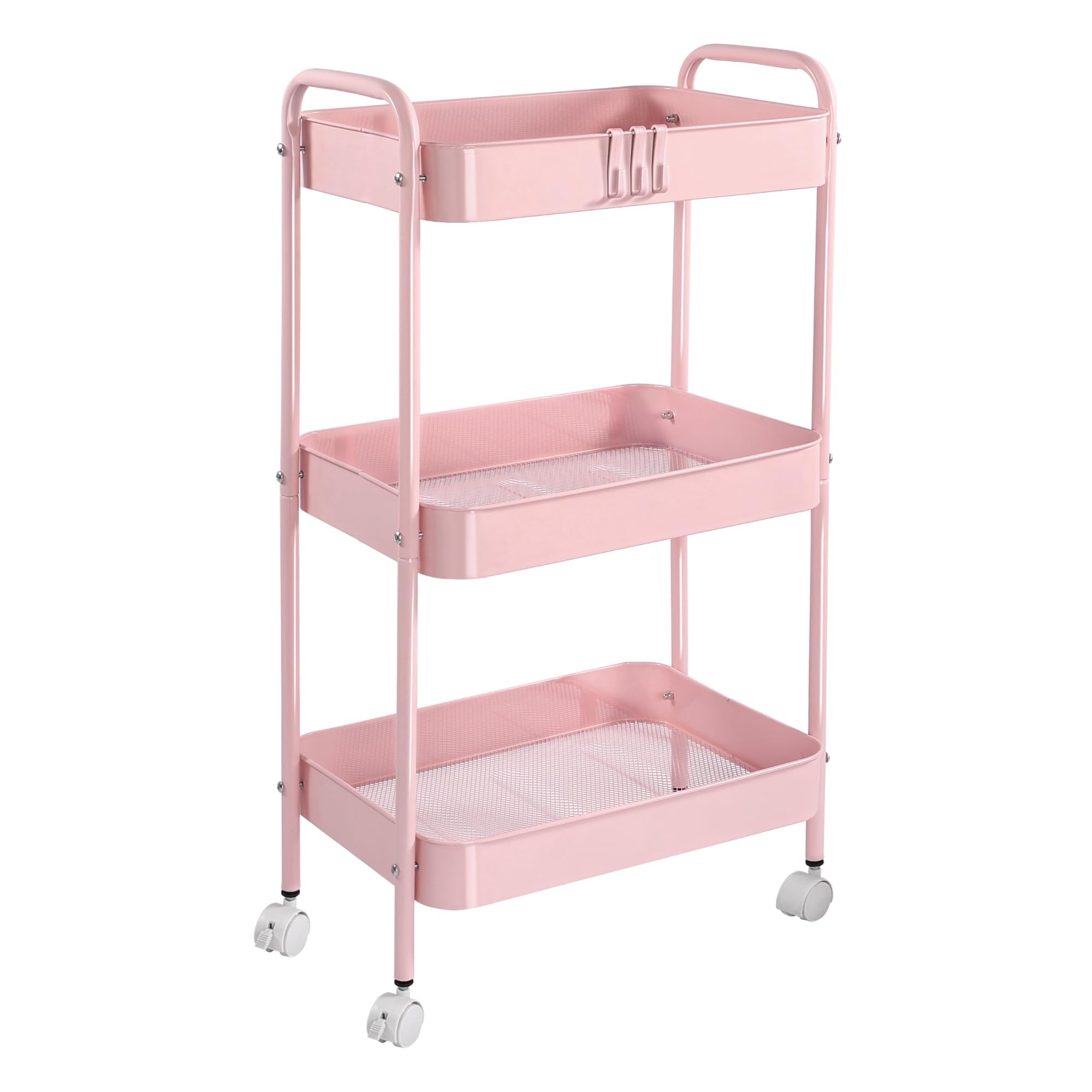 3 Tier Metal Rolling Cart with Wheels, Utility Storage Cart with Handle and Lockable Casters, Storage Basket Organizer Shelves, Easy Assemble for Kitchen, Living Room, Office, Nursery, White (Pink)