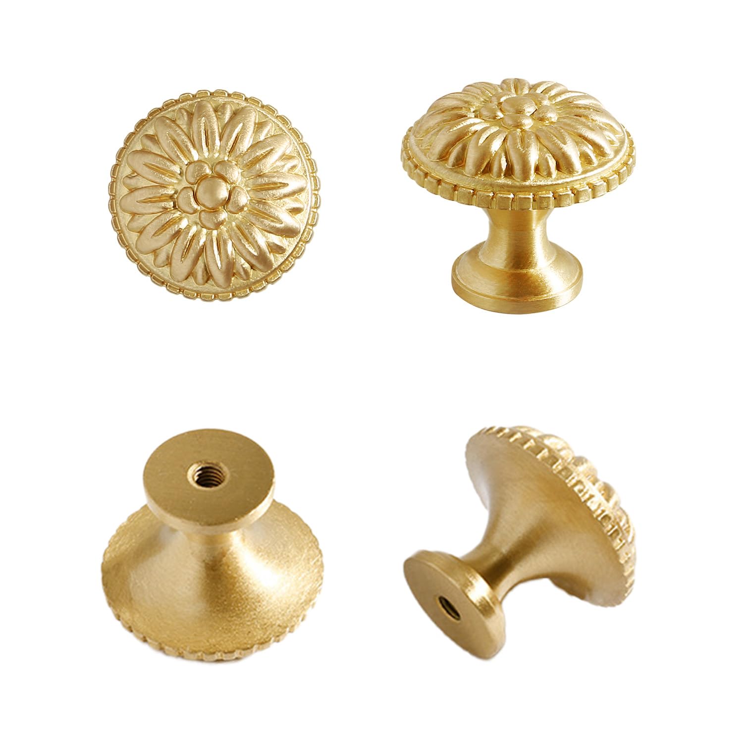 HIZEFSOO 4PCS Gold Brass Drawer Knobs - Solid Copper - Gold Brass Cabinet Knobs – Decorative Knobs - Vintage Antique Flower Round Brushed Gold Solid Brass Drawer Cabinet Dresser Knob Pull Handle