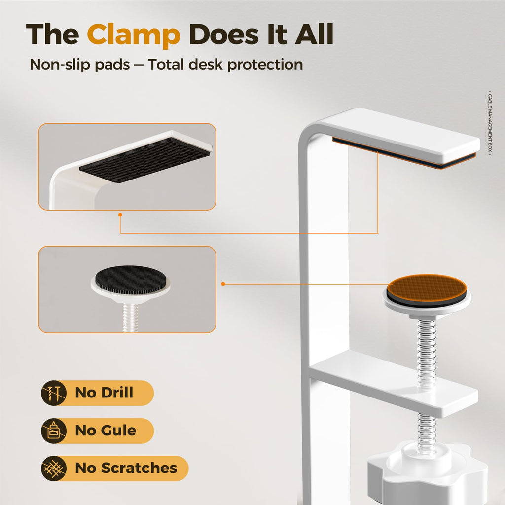 Under Desk Cable Management Tray White, Cinati Cable Management Under Desk No Drill, Cable Tray with Clamp for Desk Wire Management,Desk Cable Management Box for Office, Home - No Damage to Desk