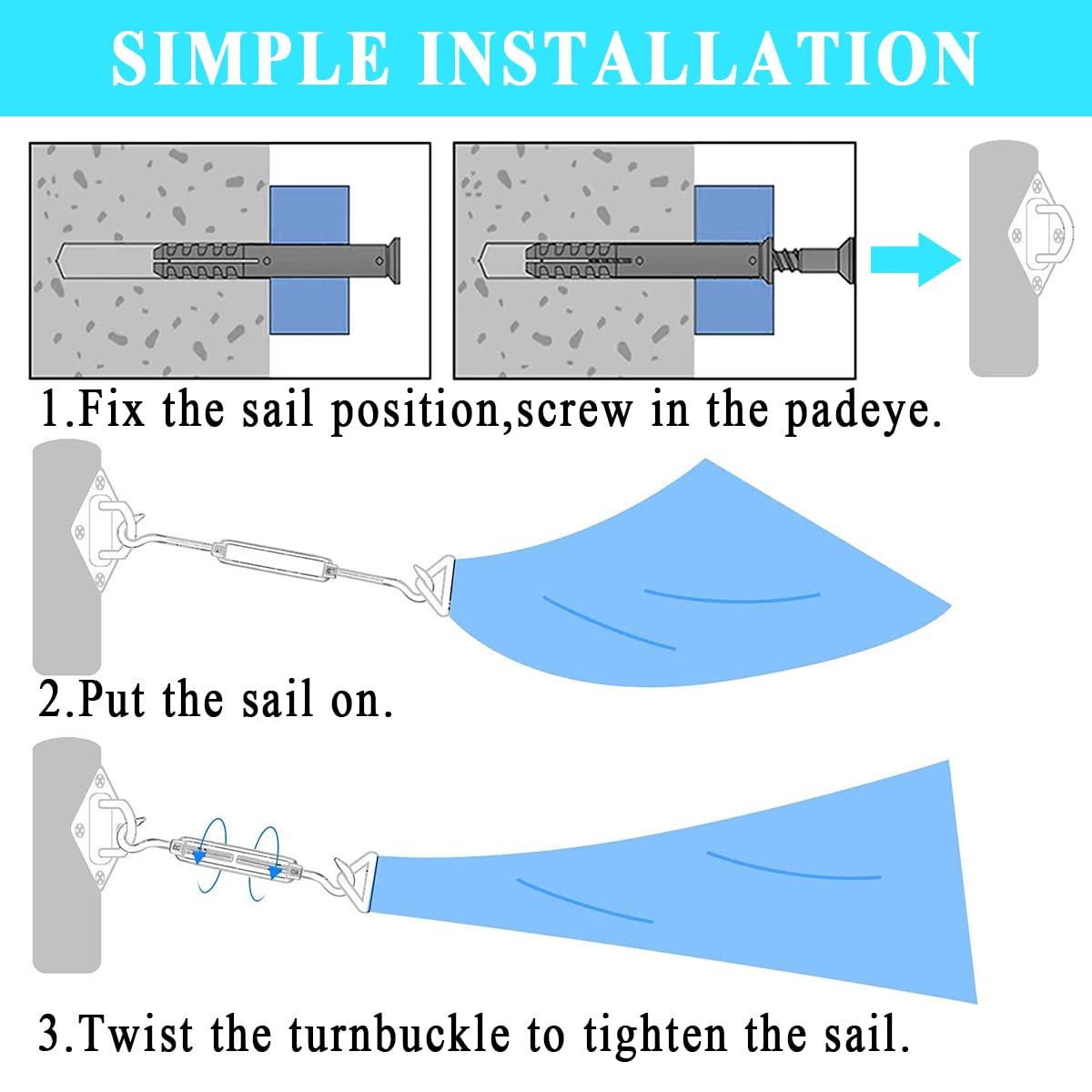 44pcs Sun Shade Sail Hardware Kit for Triangle Square Rectangle Sun Shade Sails Installation, M6 Stainless Steel Sun Shade Sail Kit for Garden Lawn Patio, Anti-Rust