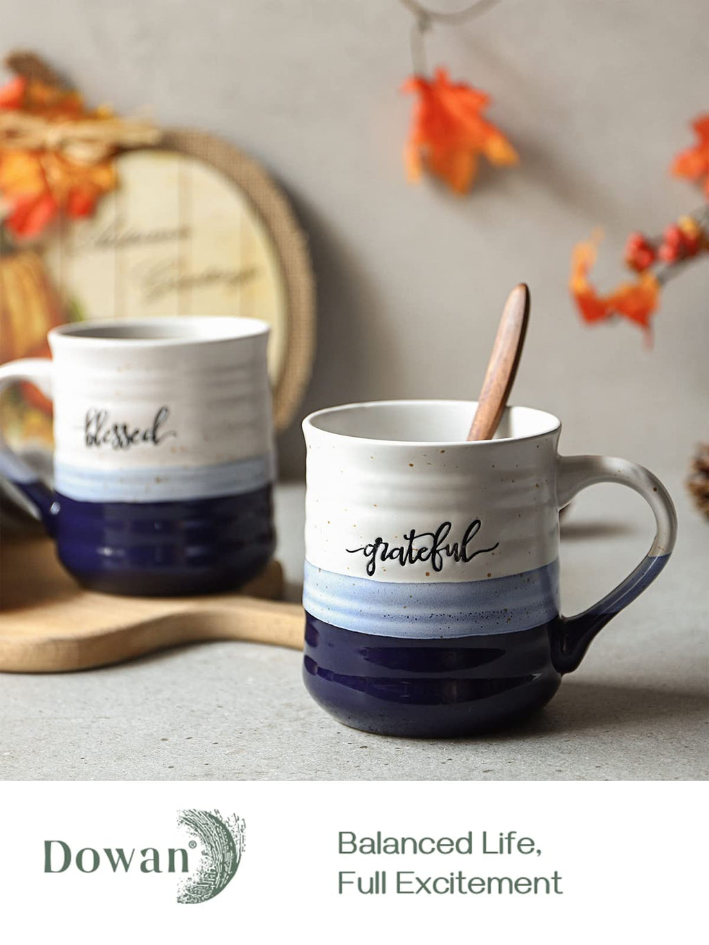 DOWAN 18 oz Large Coffee Mugs, Ceramic Mug Set with Words Blessed Grateful, Easy to Hold, Stylish Texture and Glaze, Dishwasher and Microwave Safe, Thank You Gift for Family Friend, 2 PCS