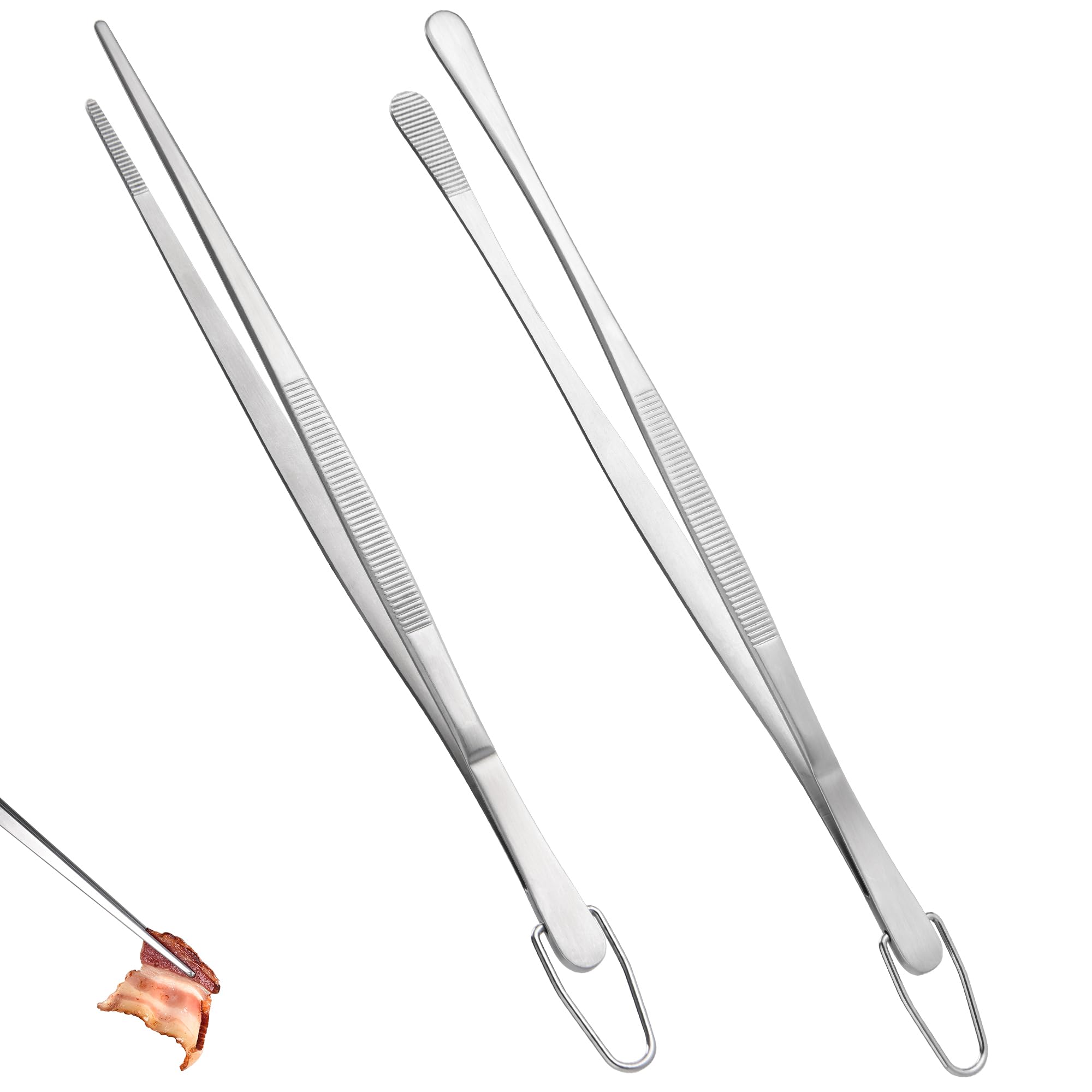 U-Taste 12" Kitchen Tweezer Tongs Set: 18/8 Stainless Steel Food-Grade Metal Cooking Tong, Flexible Pinching, Seamless-Welding, Non-Slip for Serving, Grilling, Frying, Feeding (Round & Pointed Tip)
