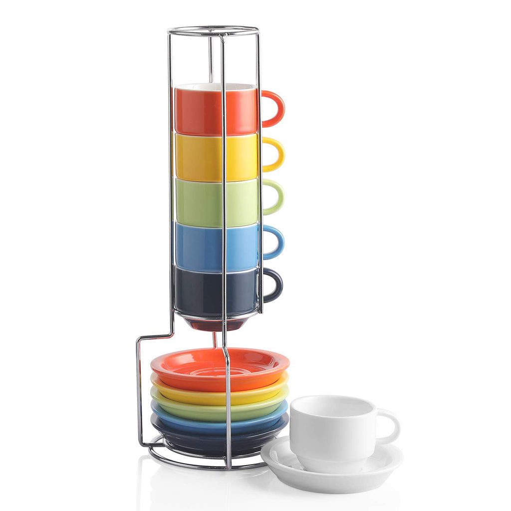 Sweejar 2.5Oz Porcelain Espresso Cup & Saucer Set, Stackable Demitasse Cups with Metal Stand, Coffee,Cafe Mocha,Tea, Latte, Set of 6 (Multicolour)