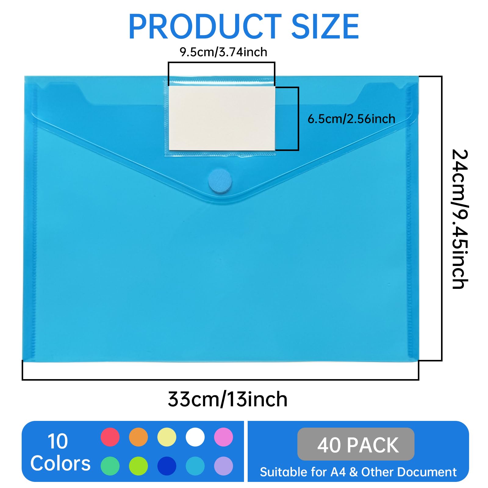40 Pack A4 Plastic File Folders, Poly Document Folders Clear Files Envelope, Waterproof Plastic Wallets with Label and Snap Button for School Home Office Organization (10 Colors Letter Size)