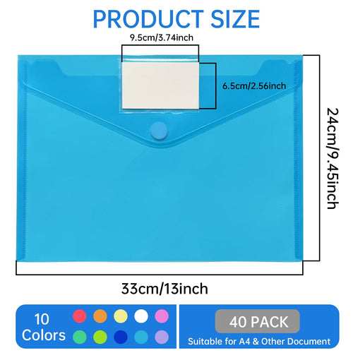 40 Pack A4 Plastic File Folders, Poly Document Folders Clear Files Envelope, Waterproof Plastic Wallets with Label and Snap Button for School Home Office Organization (10 Colors Letter Size)