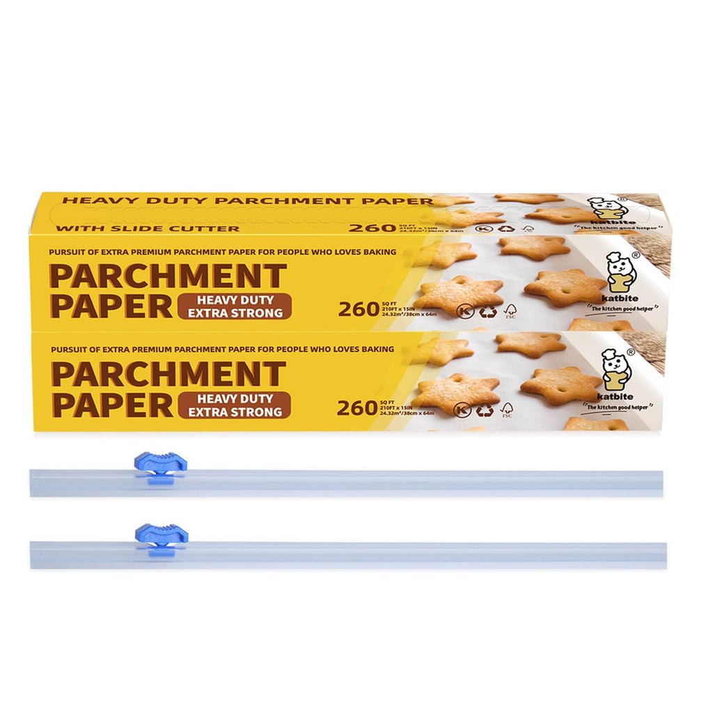 Katbite Parchment Paper Roll for Baking, 2 Pack of 15 in x 210 ft, Heavy Duty Cooking Paper for Baking Bread, Cookies, Non-Stick for Oven, Air Fryer, Steamer, Heat Press with 2Pcs of Slide Cutter