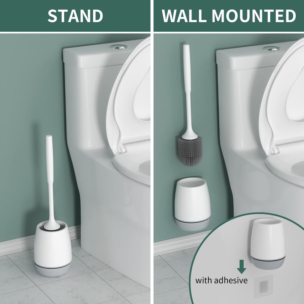 Hibbent 2 Pack Toilet Brush with Ventilated Drying Holder, Silicone Toilet Bowl Brush Bathroom Cleaning Bowl Brush Kit Sturdy Cleaning Toilet Brush, Floor Standing & Wall Mounted Without Drilling