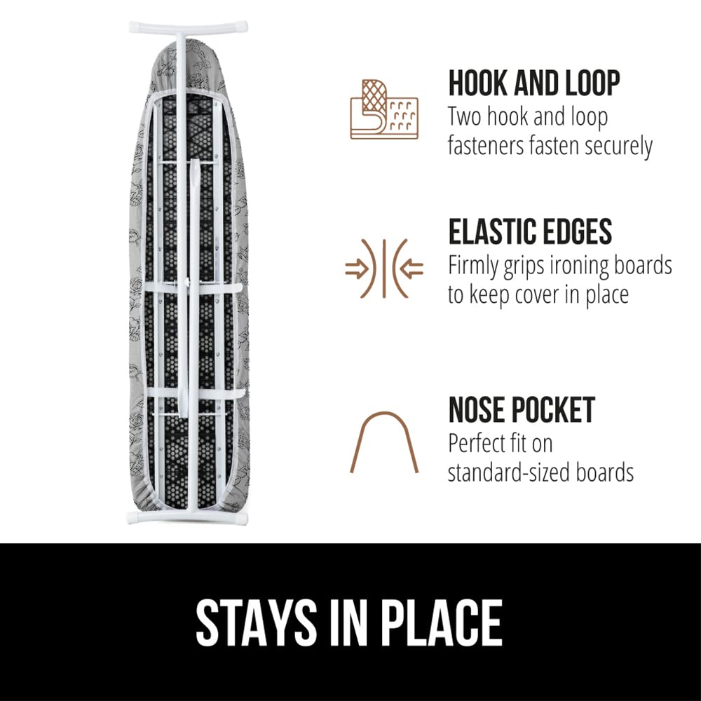 GORILLA GRIP Reflective Silicone Ironing Board Cover, Resist Scorching and Staining, 15x54, Hook and Loop Fastener Straps, Pads Fit Large and Standard Boards, Elastic Edge, Thick Padding, Gray Floral