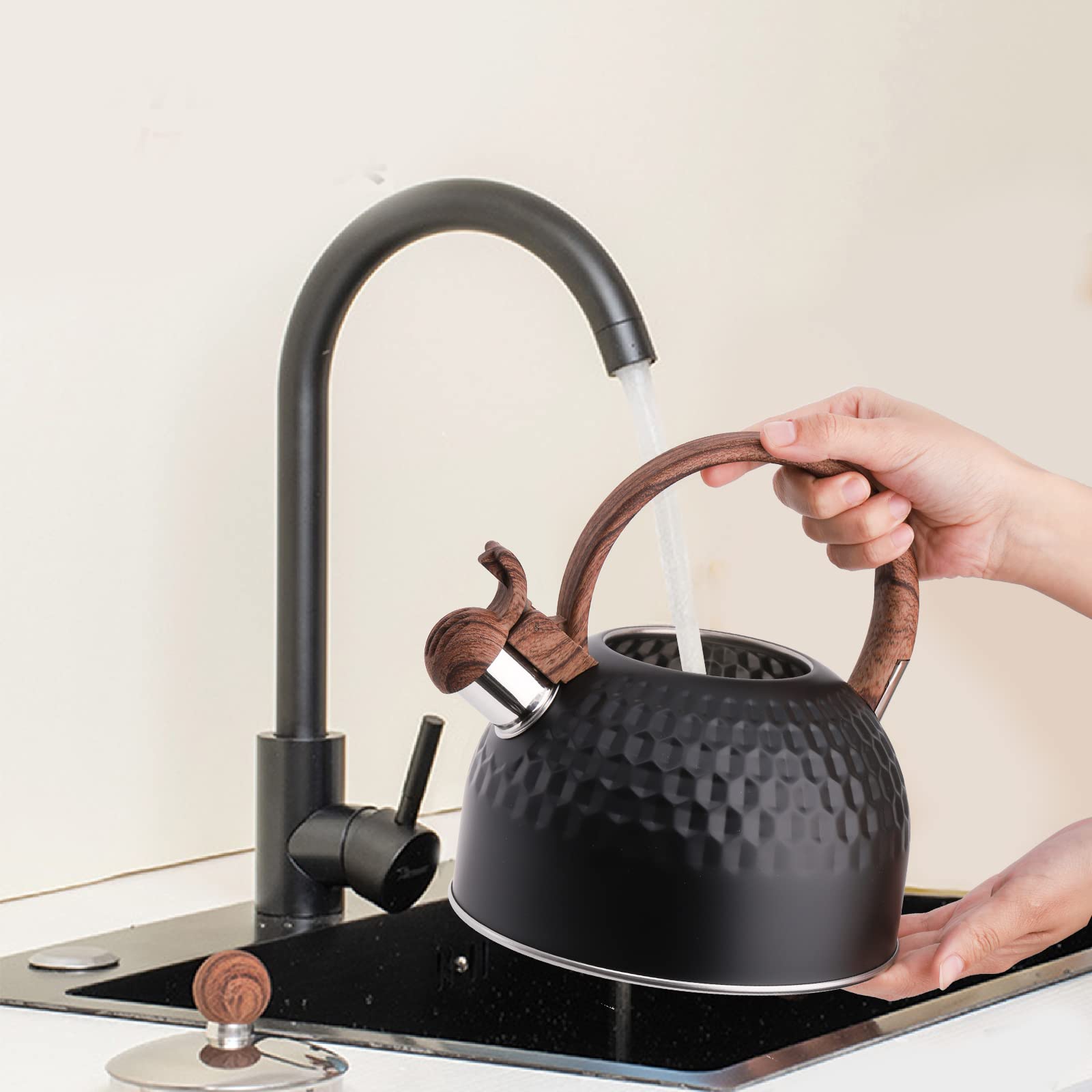 Lawei 2.5 Quart Whistling Tea Kettle with Wood Grain Anti Heat Handle, Stainless Steel Tea Kettles Food Grade Teapot for Stove Top Gas Electric Applicable