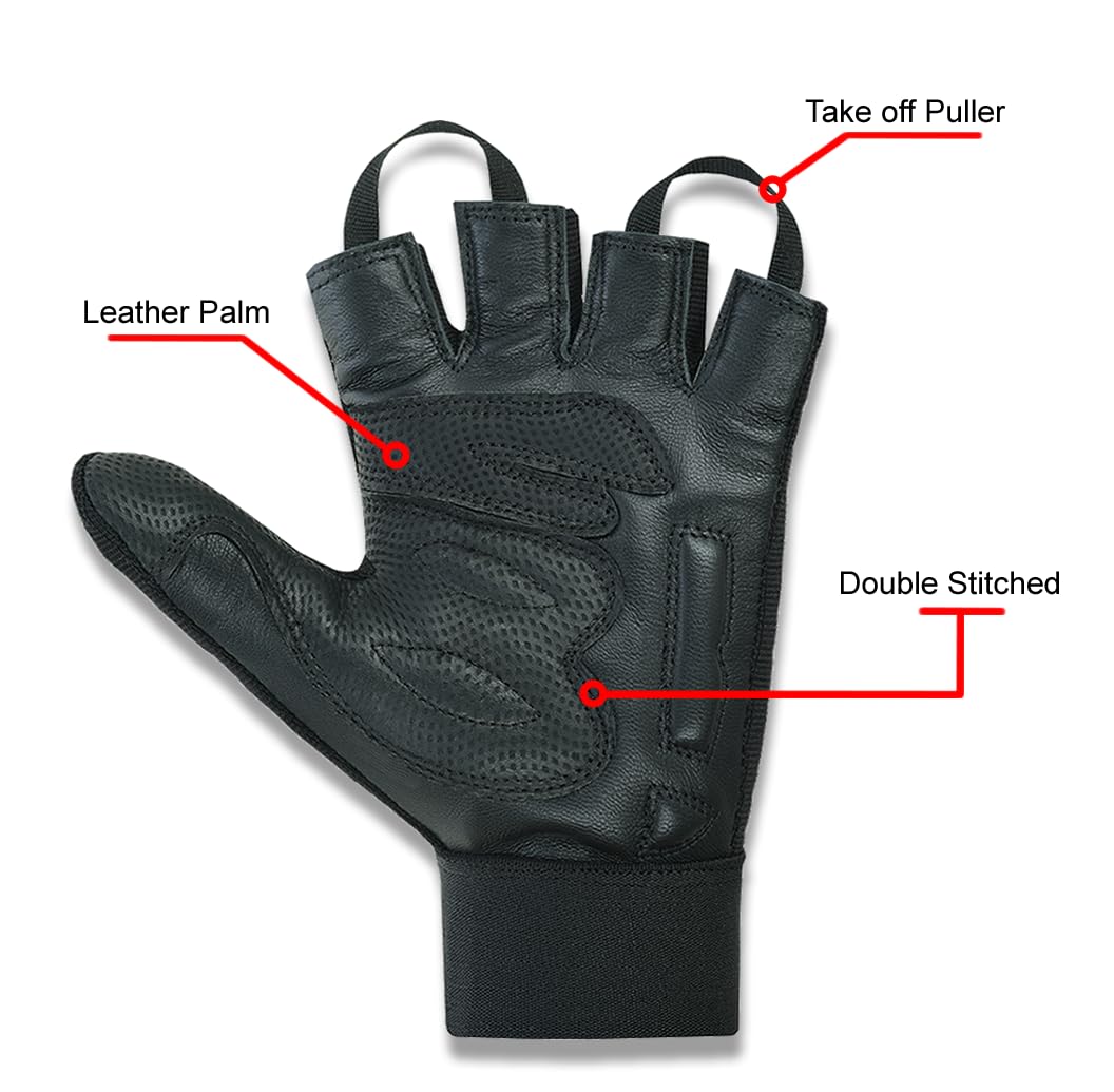 Leather Palm Wheelchair Gloves, Half Fingers with Full Thumb Disability, Mobility Gloves for Men and Women (Large, Black)