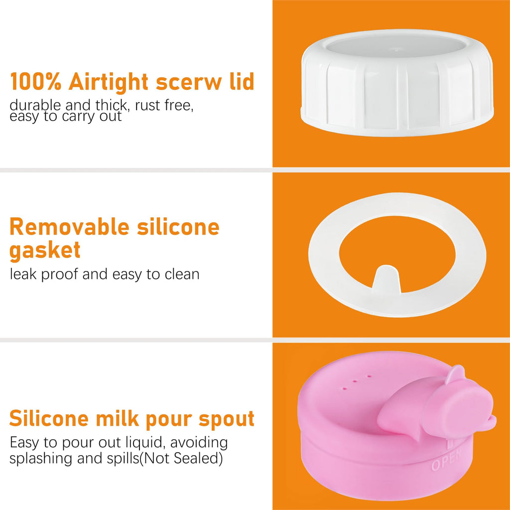 4 Pack 16 Oz Square Glass Bottles with A Silicone Dispenser Cap, Juice Bottles with Airtight Screw Lid, Glass Water Bottles with Capacity Marks, Milk Container for Fridge