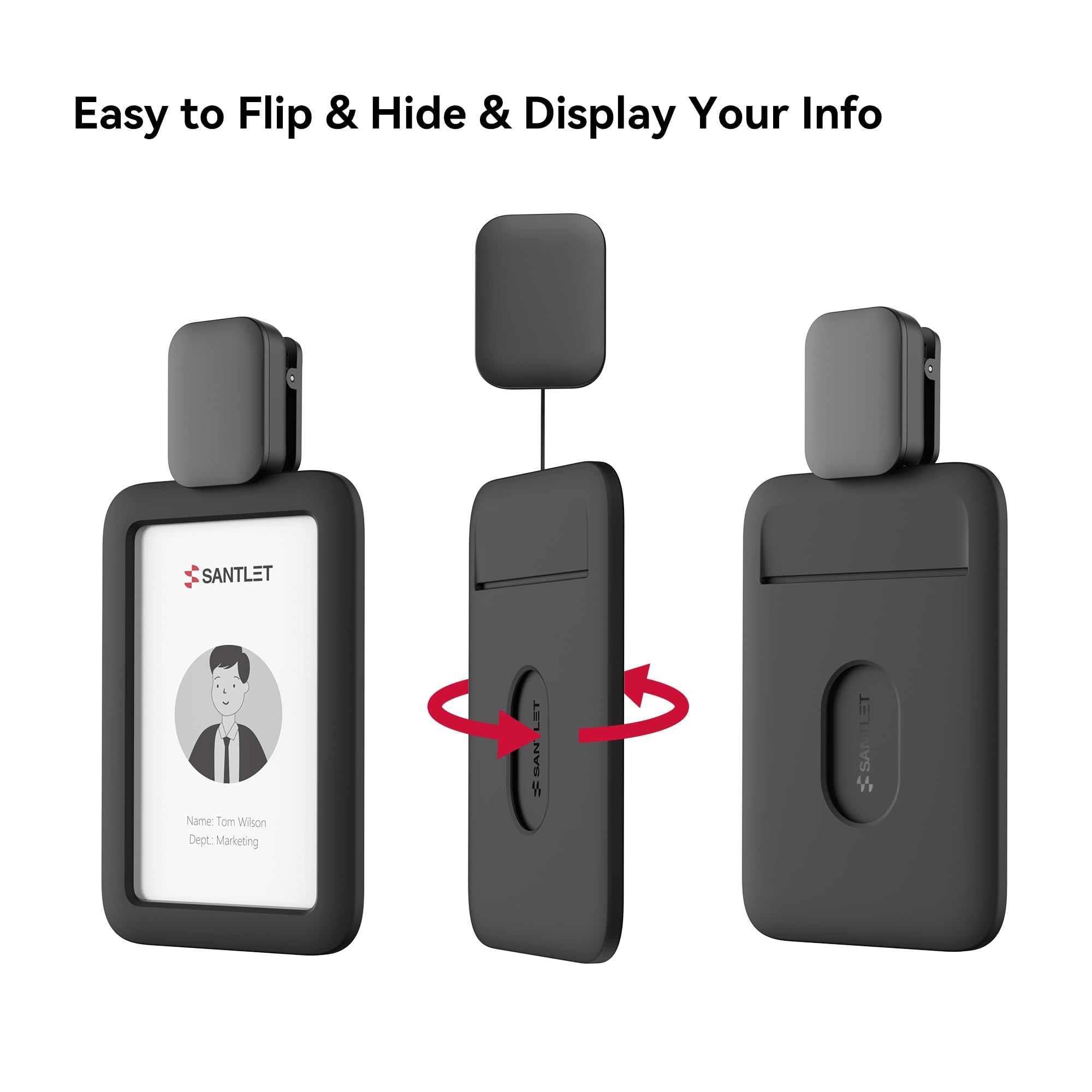 Badge Reel with Alligator Pinch Clip, SANTLET Silicone ID Badge Holder Name Tag Case Protector with Retractable Cord, 2 Card Slots for Nurses Teachers Employees Office Workers Black