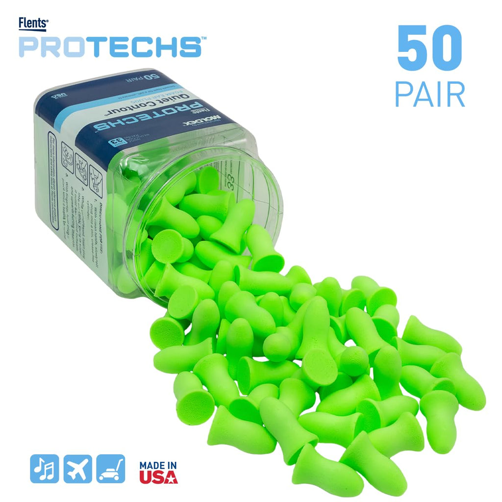 Flents Protechs Foam Ear Plugs, 50 Pair for Sleeping, Snoring, Loud Noise, Traveling, Concerts, Construction, Studying, Work, Shooting, Contour to Ear, NRR 33, Noise Cancelling, Green, Made in the USA