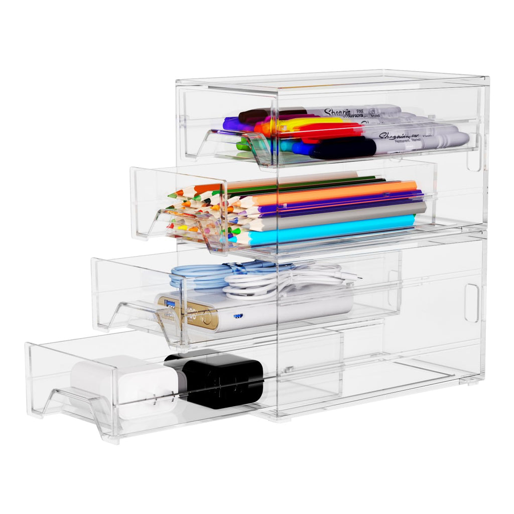 Clear Acrylic Desktop Organizer Drawers - Stackable Plastic Storage for Makeup, Craft Supplies, and Office Stationery - Transparent Vanity Cabinet & Aesthetic Desk Declutter Unit
