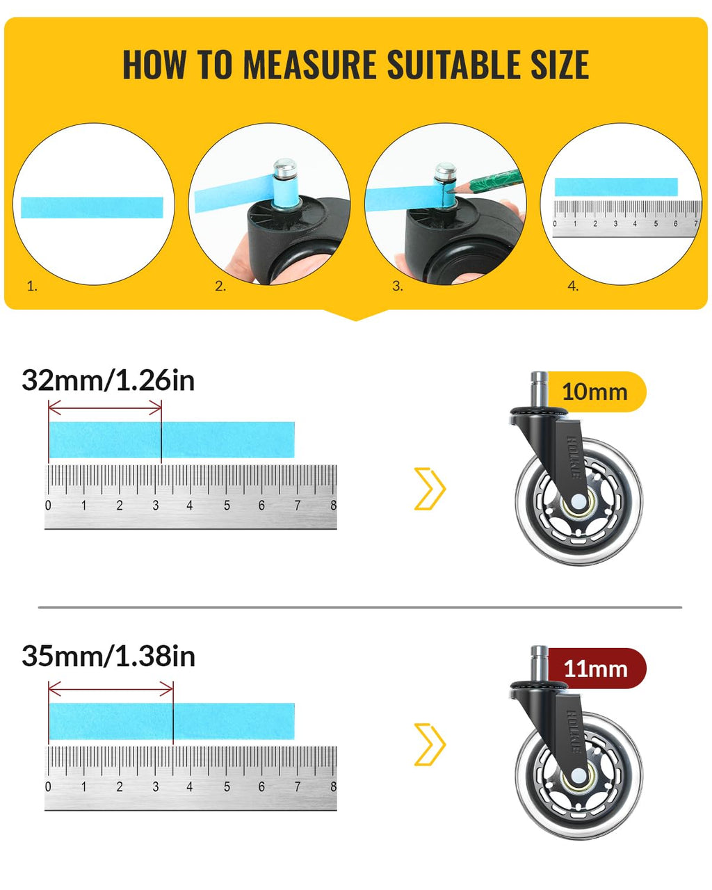 HOLKIE Office Chair Wheels 11x22mm 3 Inch Desk Roller Blade Caster Replacement for Office, Rubber Rollerblade Wheels-Set of 5 for Hardwood Floors Gaming Chair Wheels Smooth & Silence Gliding