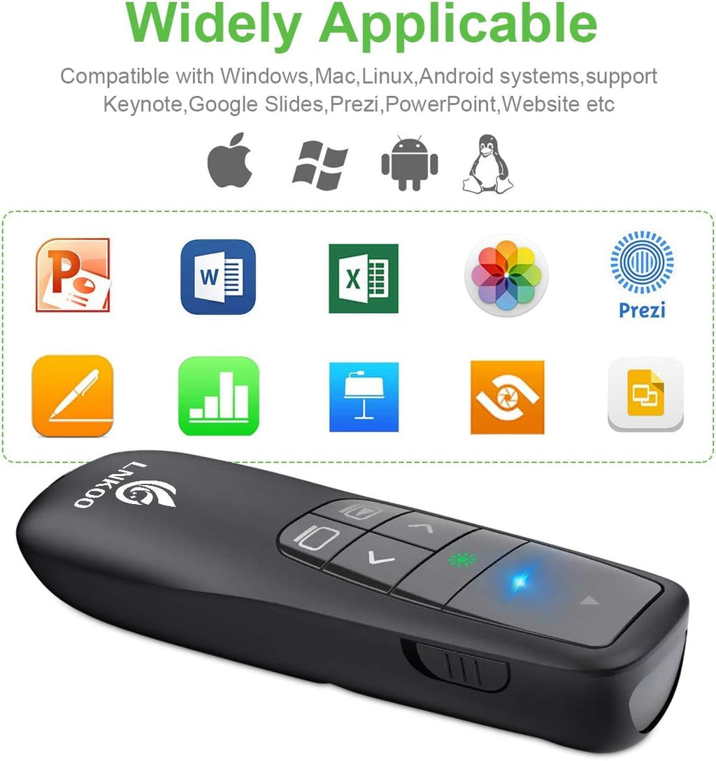 LNKOO Presentation Remote, RF 2.4GHz Wireless Presenter Green Light PowerPoint PPT Presentation clicker 2 in 1 USB and Type C Remote Control Slideshow Advancer Clicker