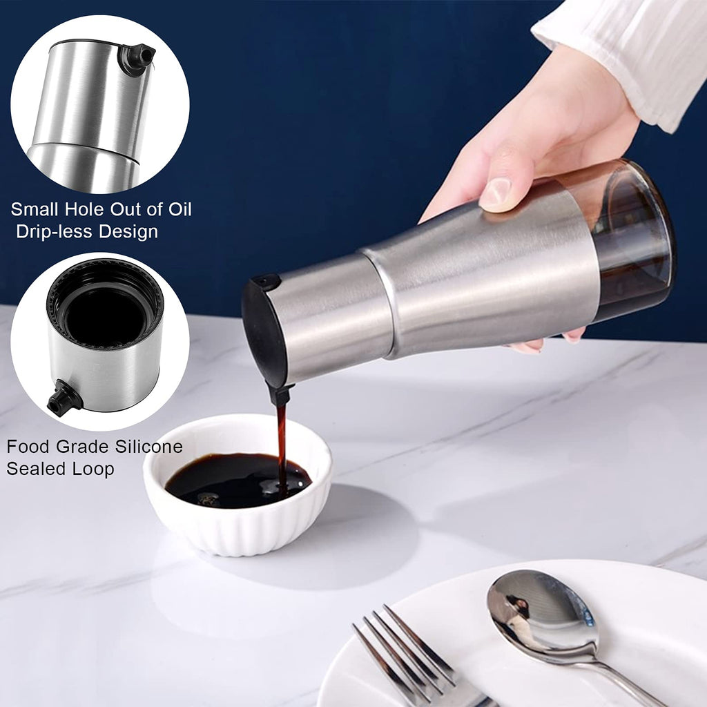 Tebery 300ml Silver Olive Oil & Vinegar Dispenser with Easy Pouring Spout, Stylish Stainless Steel with Glass Bottom, 300ml (Pack of 2)