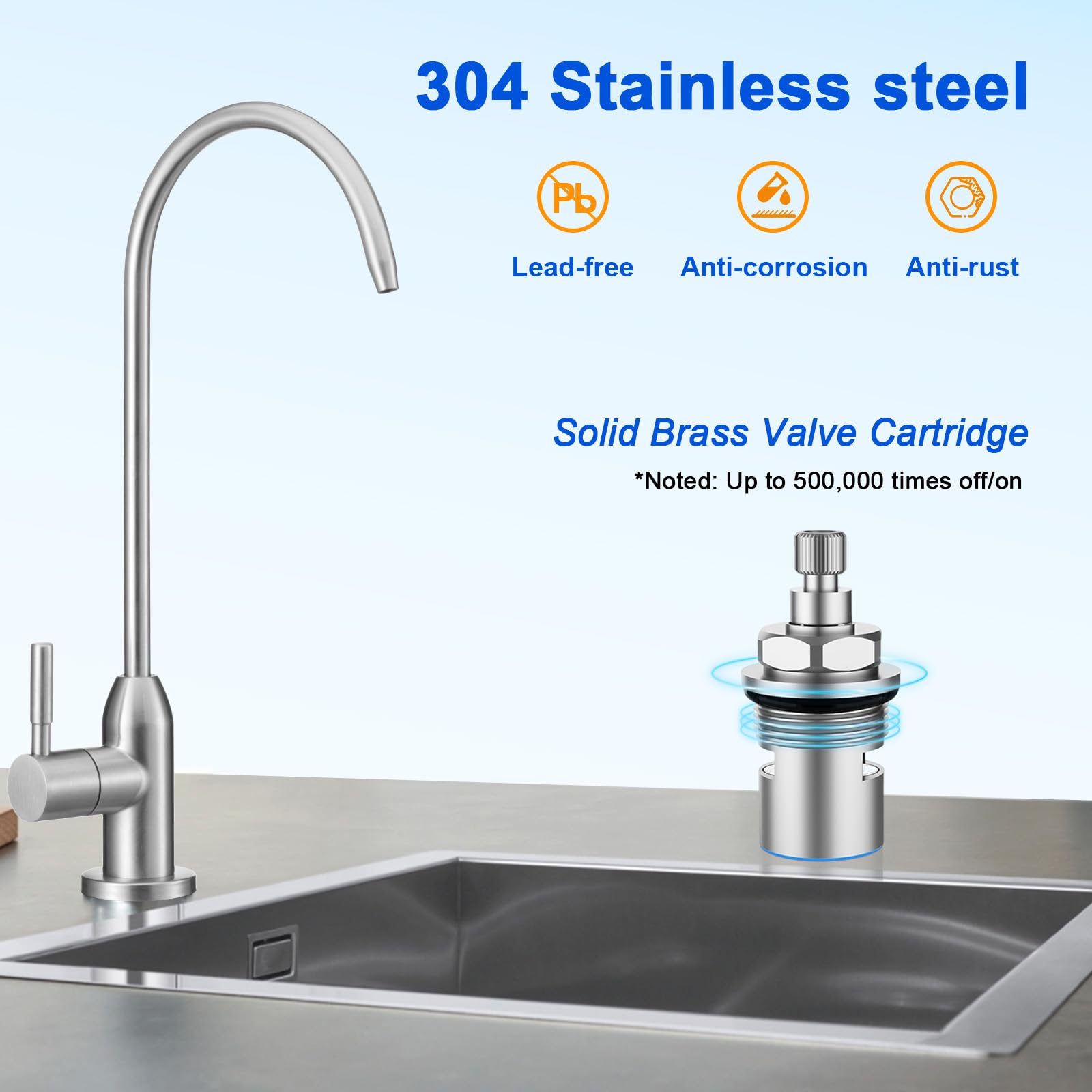 Drinking Water Faucet - Long Thread Stem Filtered Water Tap for Thick Countertop,Lead-Free RO Faucet with Hose and Push Connect Fittings(Brushed Stainless)