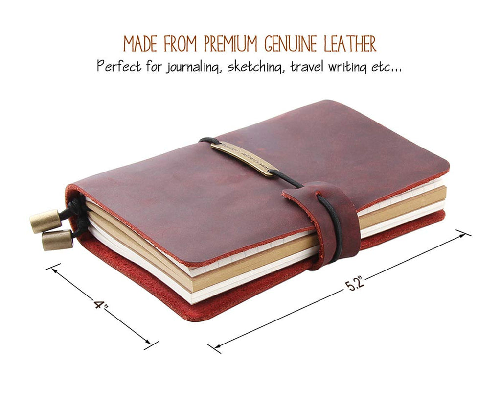 Refillable Handmade Traveler's Notebook, Leather Travel Journal Notebook for Men & Women, Perfect for Writing, Gifts, Travelers, 5.2" x 4" Inches - Wine