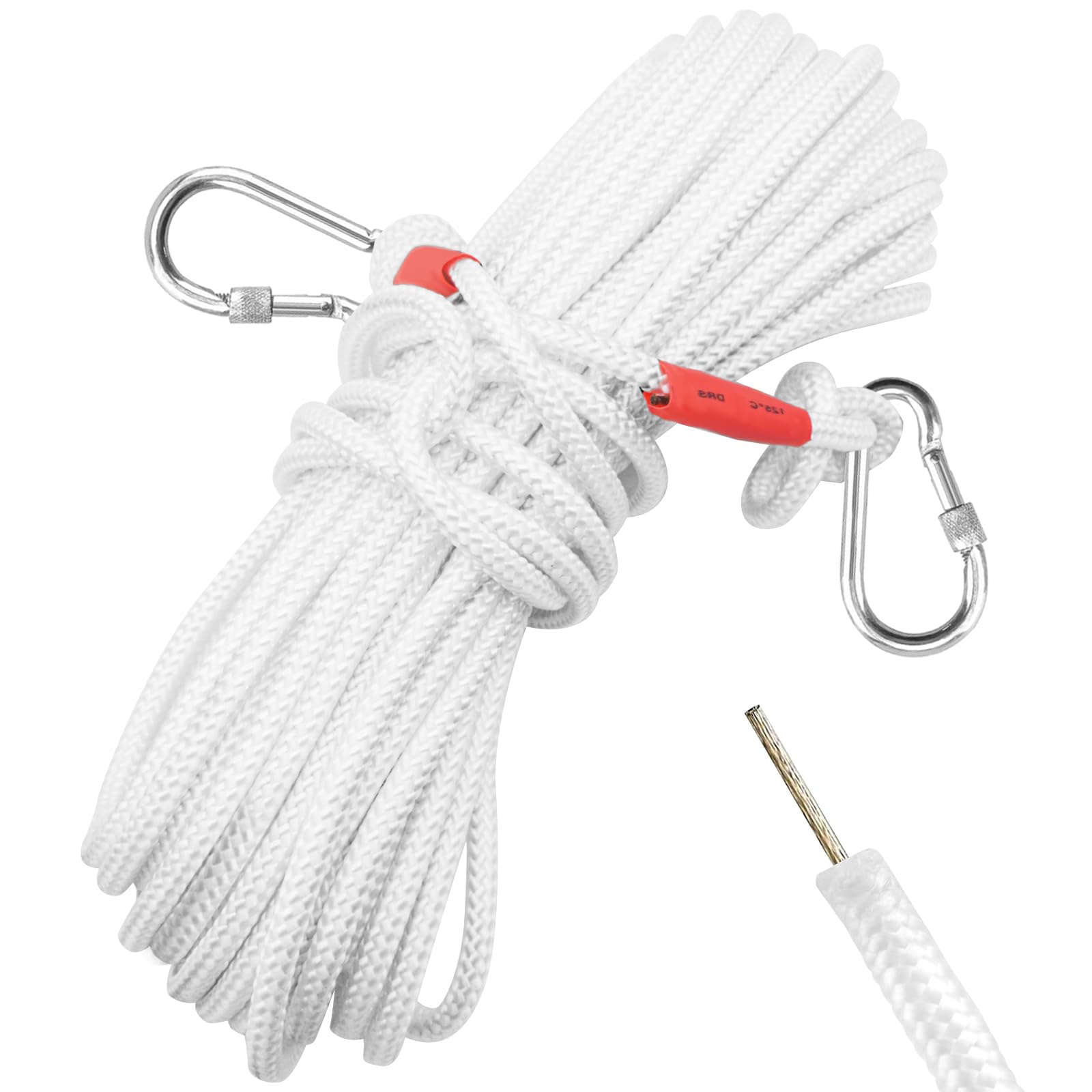 Jmlwlzx 5/16" x 66 ft Wire Center Flagpole Rope, White Braided Polyester Flagpole Halyard Rope with 2 Pieces Stainless Steel Snap Hooks, Solid Rope for Flagpole