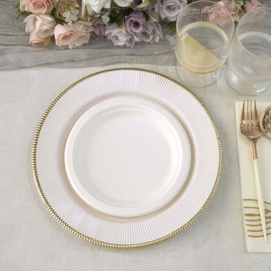 Elegant White/Gold Plastic Charger Paper Plates with Ruffled Rim - 13" (Pack of 18) - Perfect for Anniversary, Wedding, Thanksgiving Celebrations & More