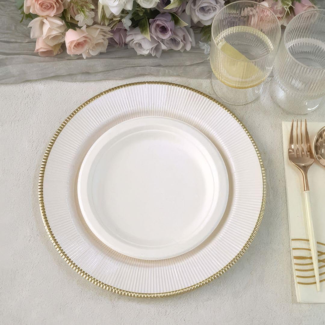Elegant White/Gold Plastic Charger Paper Plates with Ruffled Rim - 13" (Pack of 18) - Perfect for Anniversary, Wedding, Thanksgiving Celebrations & More