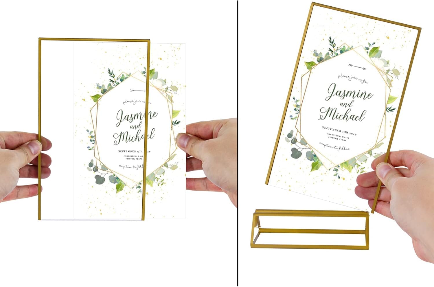 Gold Frames 5 x 7 inch/ 13x18 cm 6 Pack, Acrylic Picture Frame Double Sided Stand, Table Number Sign Set Holders, Clear Menu Flyer Display Floating Desk Stands for Wedding, Party, Restaurant - Vertical