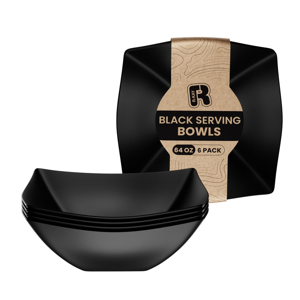 R-kay 6 Pack Square Plastic Black Serving Bowls - Black Plastic bowls 64 Oz - Salad Bowls Large Serving - Premium Heavy Duty For Weddings Catering And Birthday parties