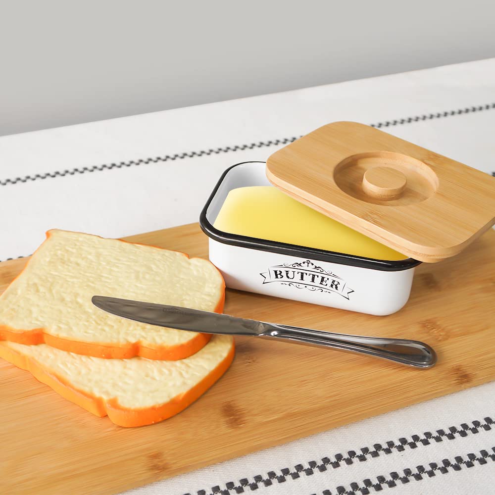 SOTECH Butter Dish with Lid for Countertop Small Metal Box and Thicker Bamboo Cover,Free Butter Keeper Vintage Farmhouse Style Butter Jar (Butter Box A)
