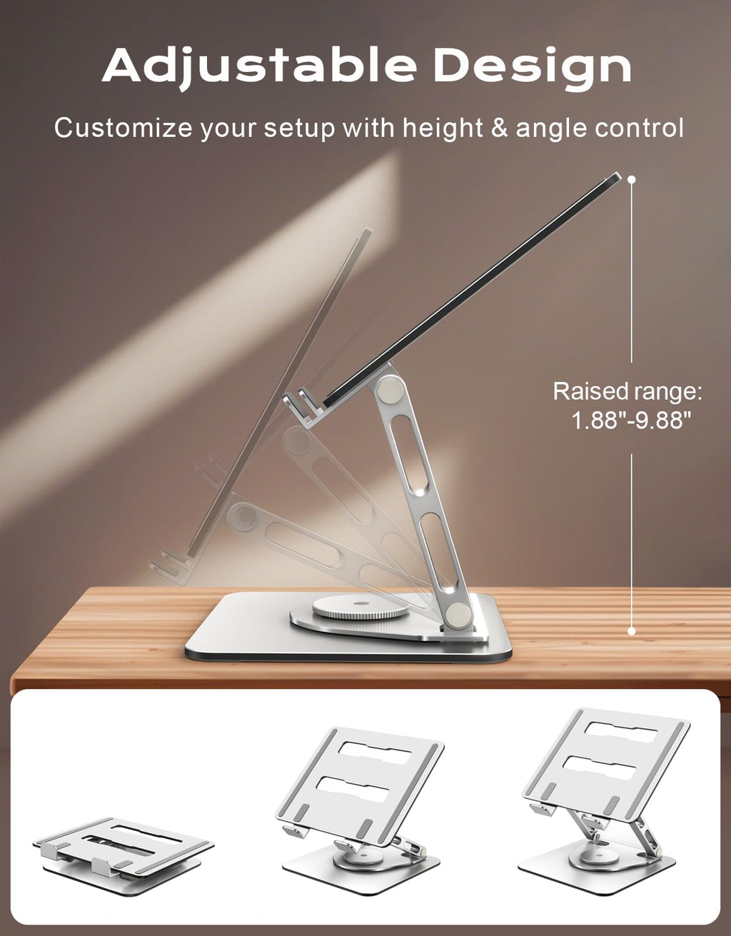 Zewwen 360° Flexible Rotating Laptop Stand for Desk, Ergonomic Adjustable Laptop Riser Holder with Dual-bar Support, Portable Computer Stand for MacBook Air Pro, Dell XPS, HP (10-16")