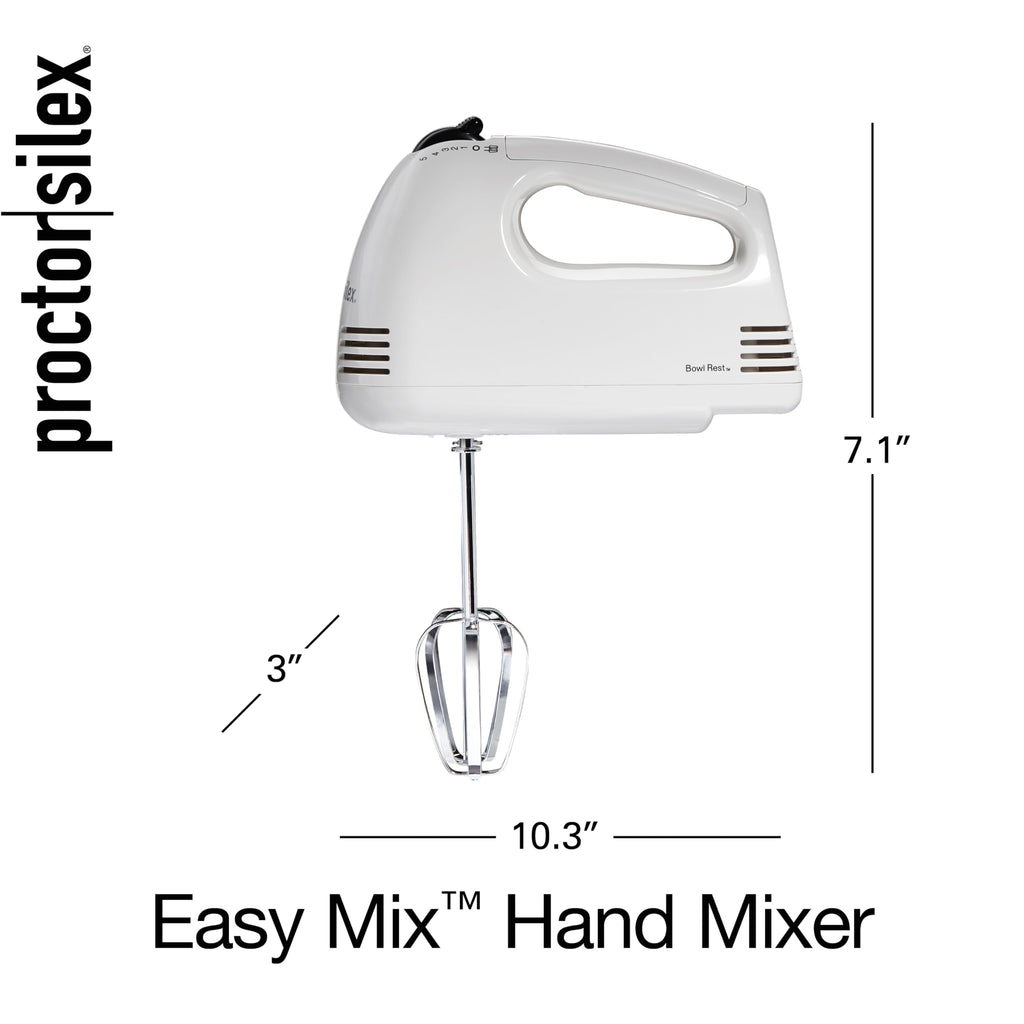 Proctor Silex Easy Mix 5-Speed Electric Hand Mixer with Bowl Rest, Compact and Lightweight, 100 Watts of Peak Power, White (62515G)
