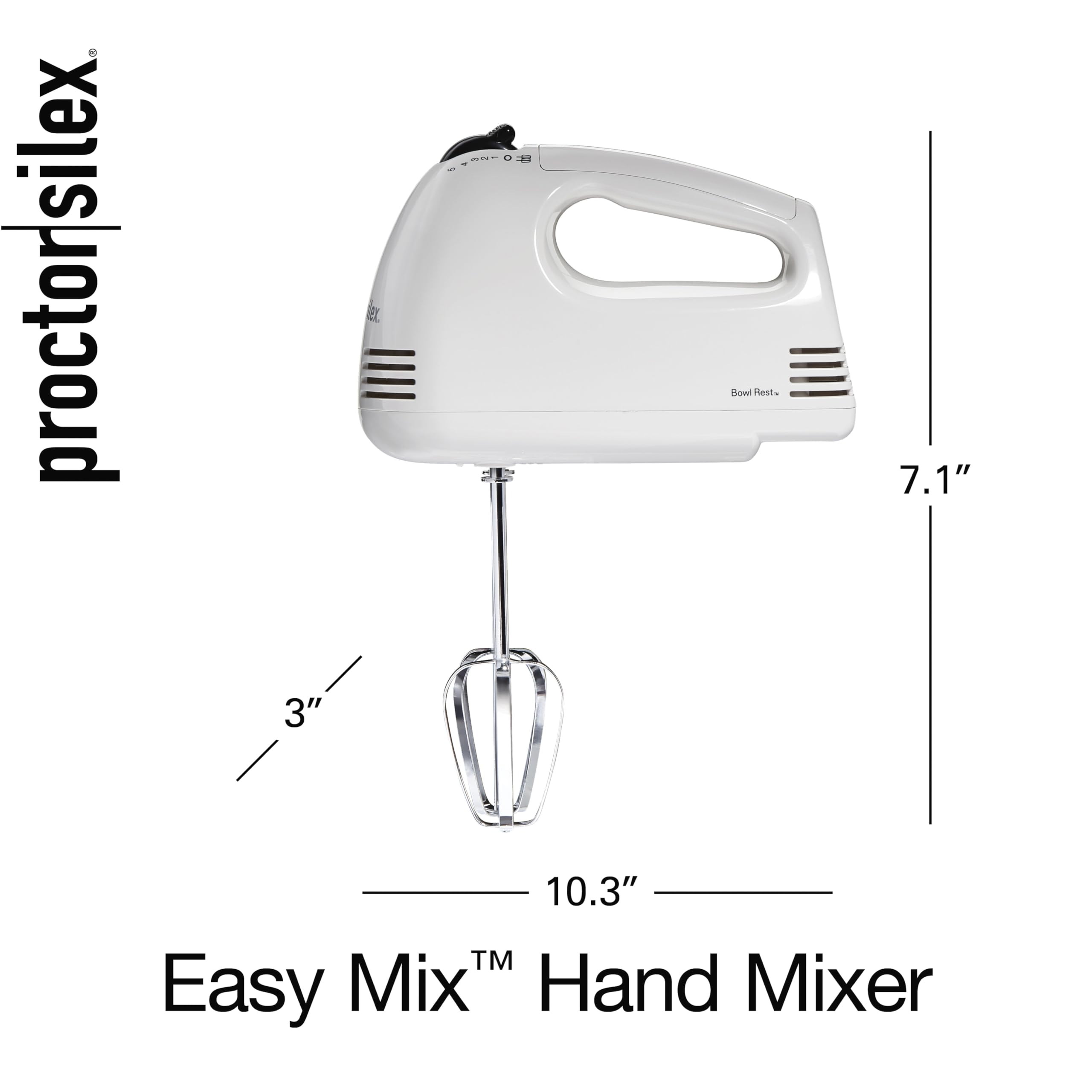 Proctor Silex Easy Mix 5-Speed Electric Hand Mixer with Bowl Rest, Compact and Lightweight, 100 Watts of Peak Power, White (62515G)