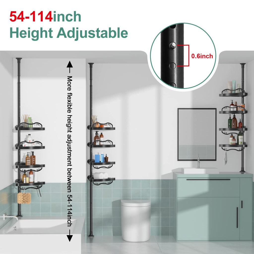 COCONUT Shower Caddy Tension Pole, Corner Shower Caddy Rust Proof 4 Tier Shower Organizer, Drill Free Telescoping Shower Shelves for Bathroom Bathtub (Black)