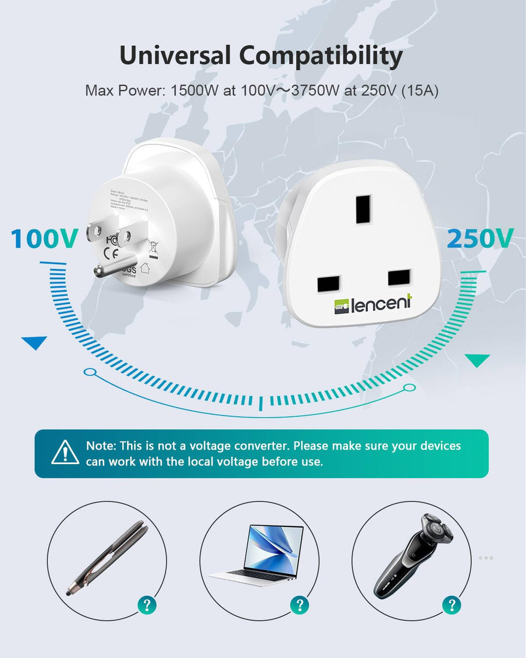 LENCENT UK to CA Canada Plug Adapter, 2 Pack Grounded CA Visitors Travel Converter, Converts All Type G Plugs from United Kingdom UK Singapore Malaysia UAE Ireland Malta Hongkong (Type B