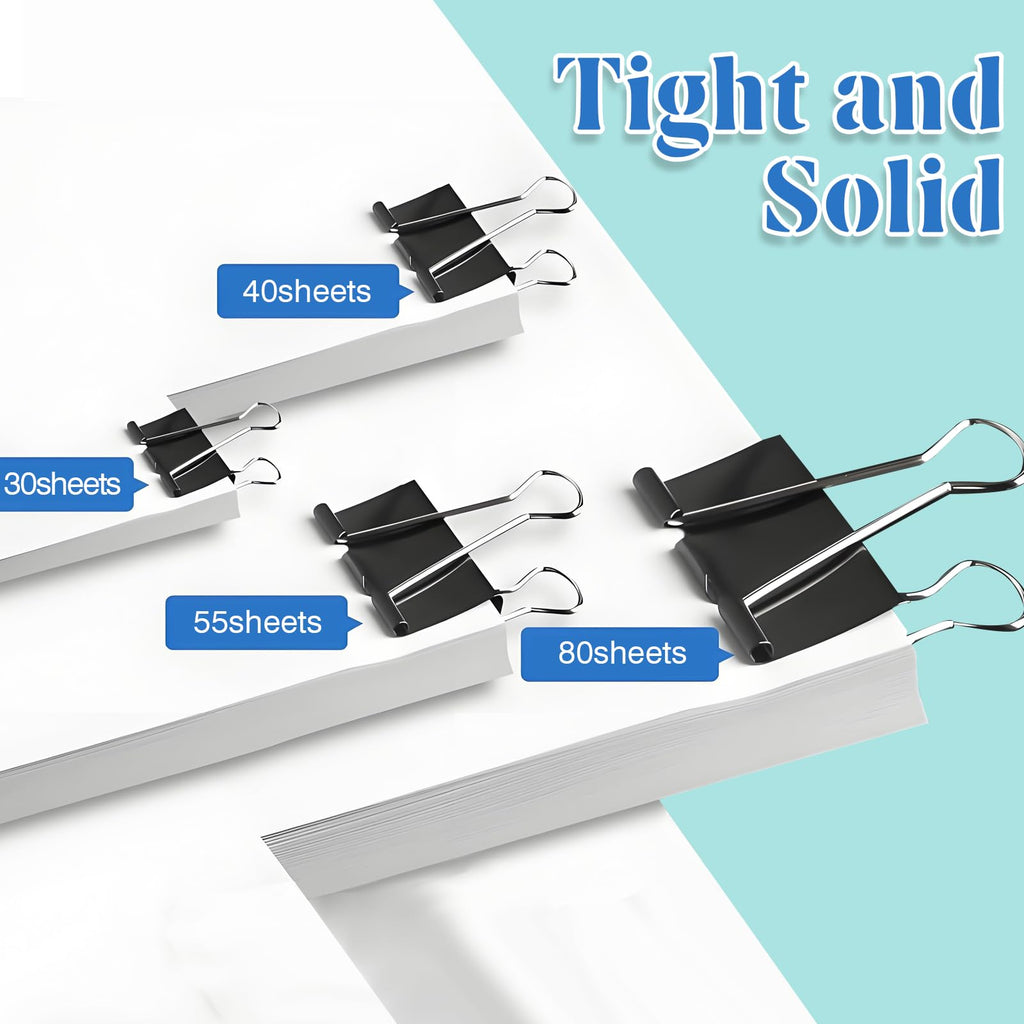 VEGCOO 140 PCS Black Paper Binder Clips, Assorted Sizes Bulldog Clips, Metal Binder Clip, Binder Clips Medium Size, Paper Clips Clamps for Home School Business Office Supplies(32/25/19/15mm)